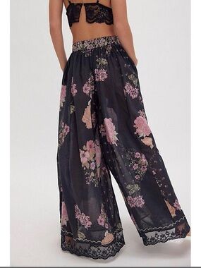 Black Floral Wide-Leg Lounge Pants with Lace Trim